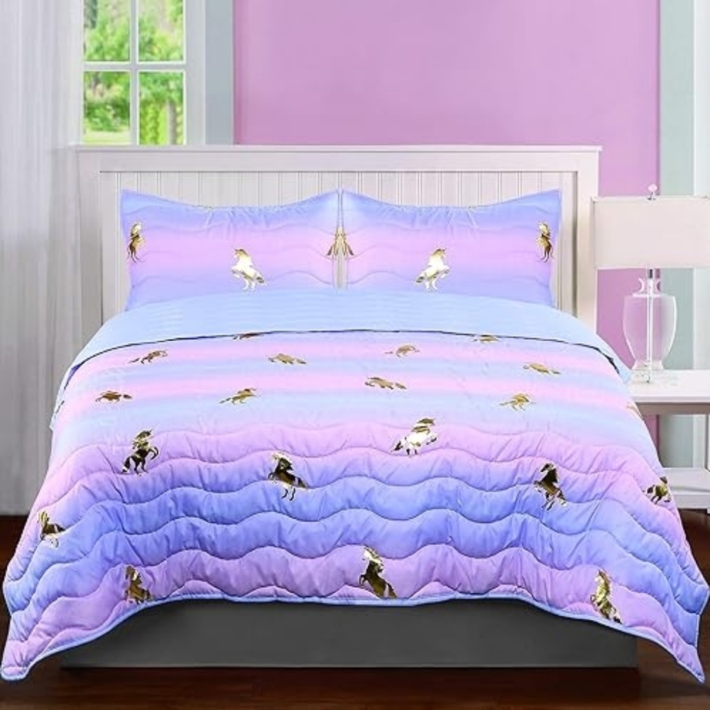 Kids Rule Pink and Purple Full Size Bedding (Quilt, 2 Shams)